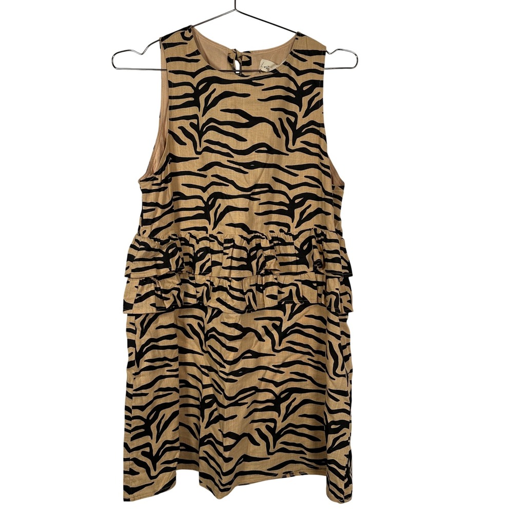 Quirky Lost in Lunar Zebra Tiger‎ Print Ruffle Mini Dress Tan Black Large